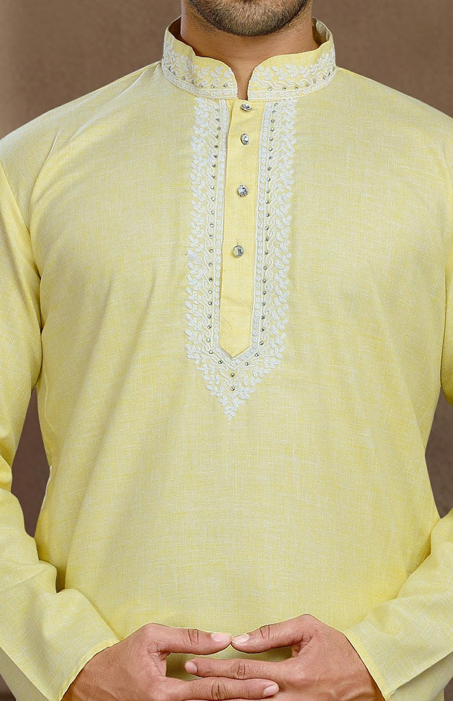 Yellow Cotton Kurta Pyjama With Embroidery Work