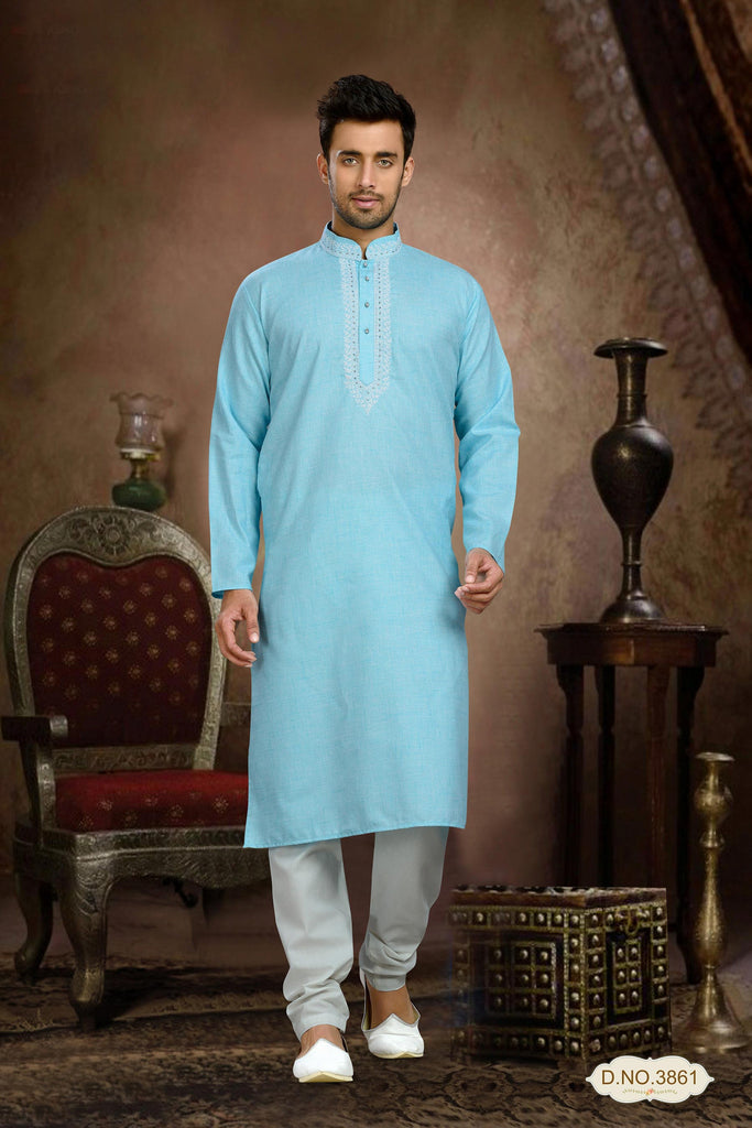 Sky Blue Cotton Kurta Pyjama With Thread Work
