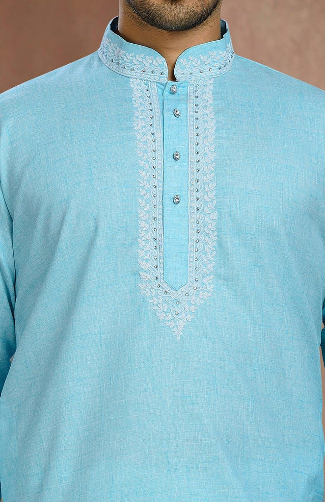 Sky Blue Cotton Kurta Pyjama With Thread Work