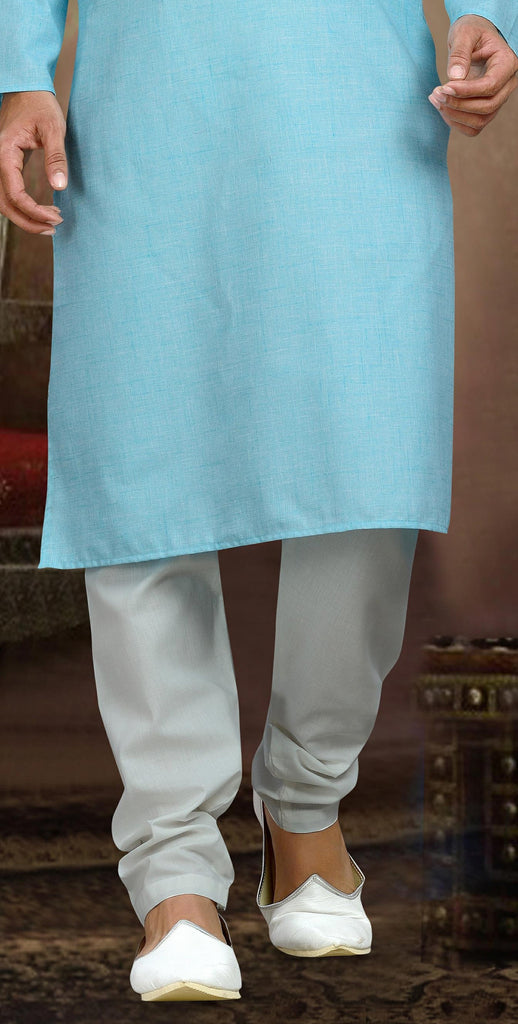 Sky Blue Cotton Kurta Pyjama With Thread Work