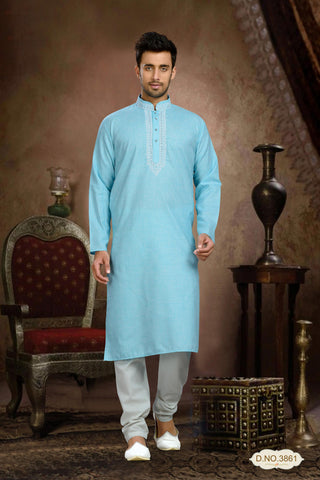 Sky Blue Cotton Kurta Pyjama With Thread Work