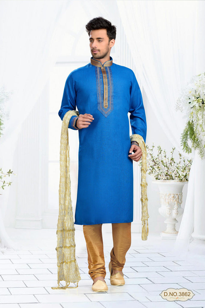 Blue Cotton Linen Kurta Pyjama With Embroidery Work
