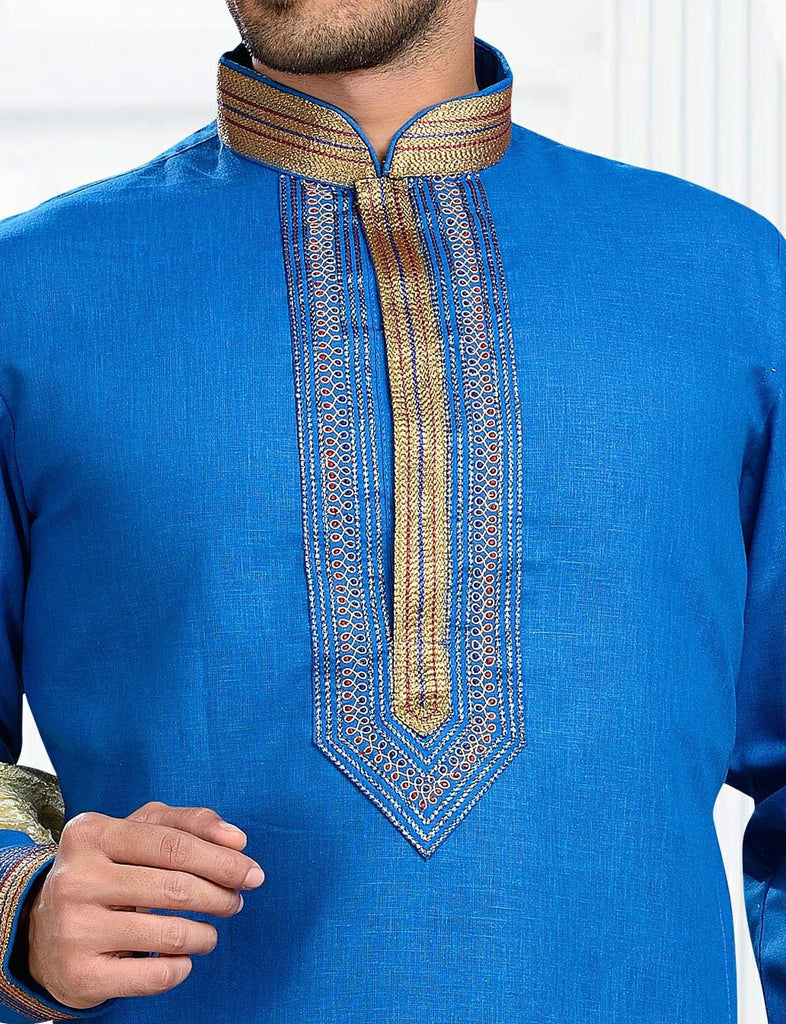 Blue Cotton Linen Kurta Pyjama With Embroidery Work