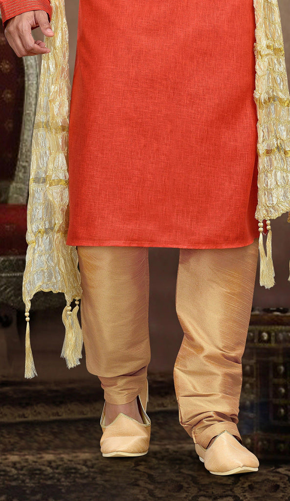 Rust Cotton Linen Kurta Pyjama With Pintuck Work