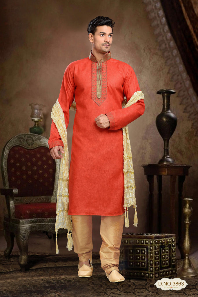 Rust Cotton Linen Kurta Pyjama With Pintuck Work