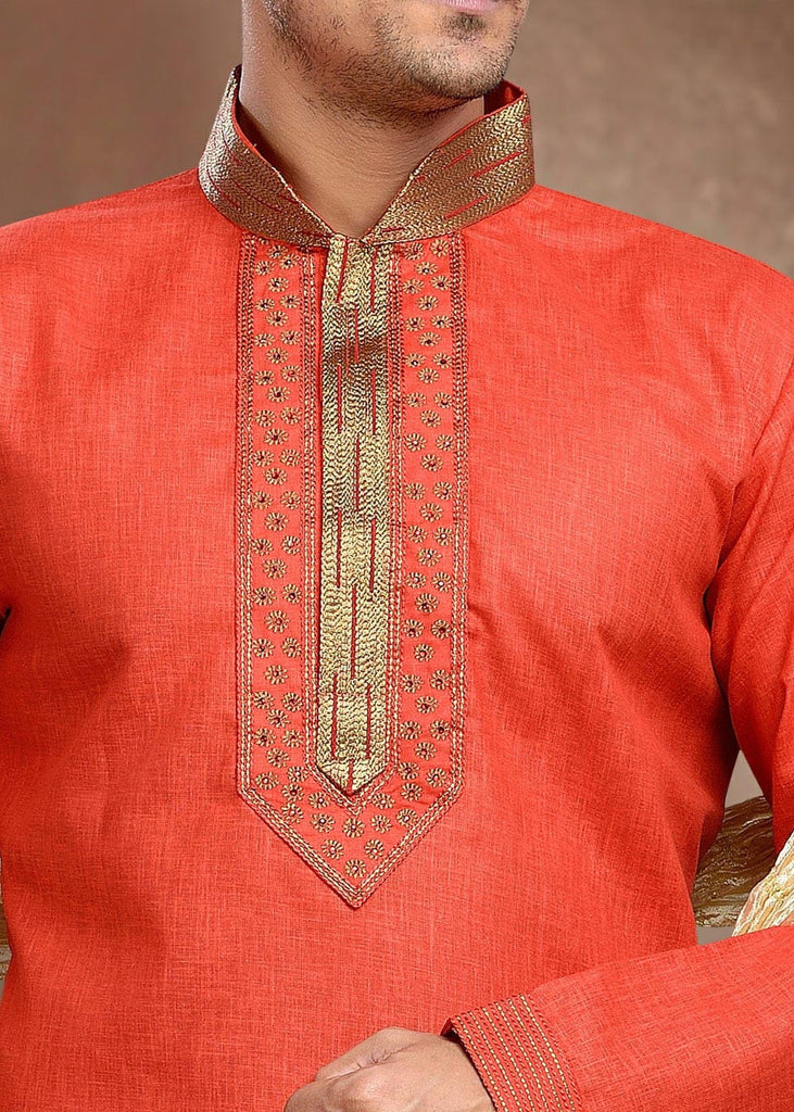Rust Cotton Linen Kurta Pyjama With Pintuck Work
