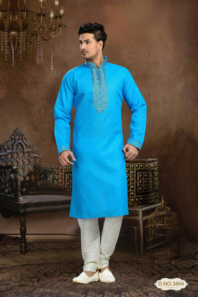 Sky Blue Cotton Linen Kurta Pyjama With Patch Work