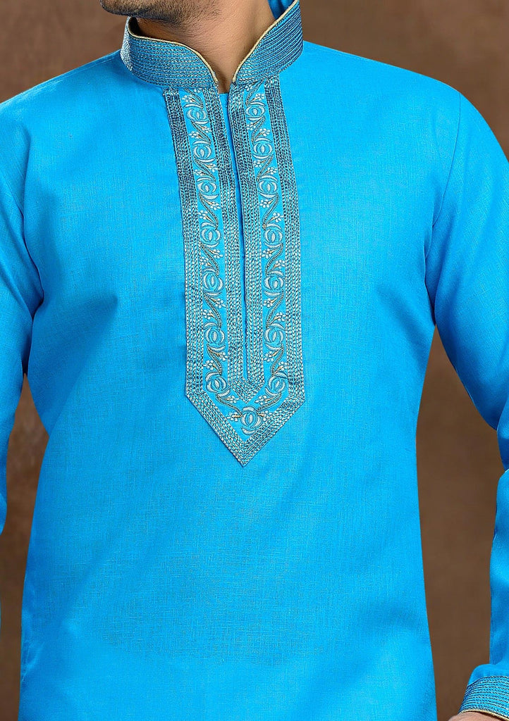 Sky Blue Cotton Linen Kurta Pyjama With Patch Work