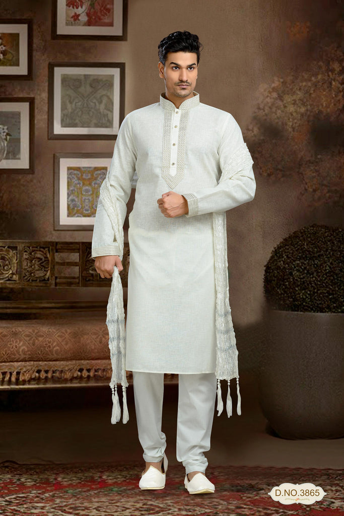 Cream Cotton Linen Kurta Pyjama With Patch Work