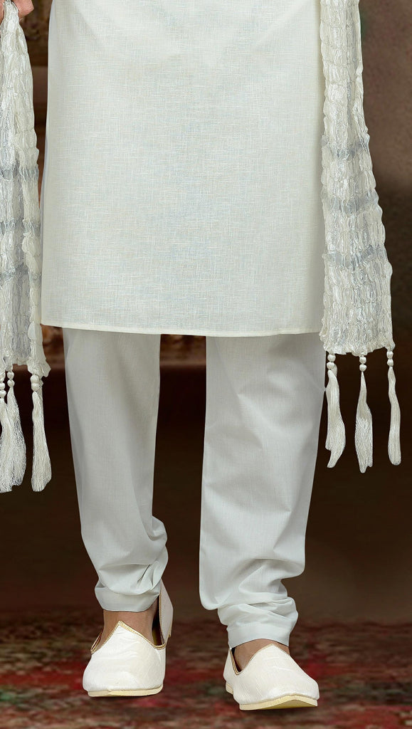 Cream Cotton Linen Kurta Pyjama With Patch Work