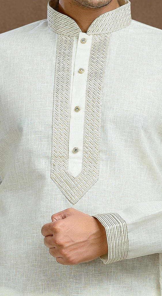 Cream Cotton Linen Kurta Pyjama With Patch Work