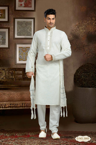 Cream Cotton Linen Kurta Pyjama With Patch Work