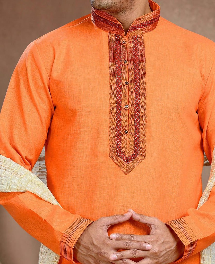 Orange Cotton Linen Kurta Pyjama With Pintuck Work