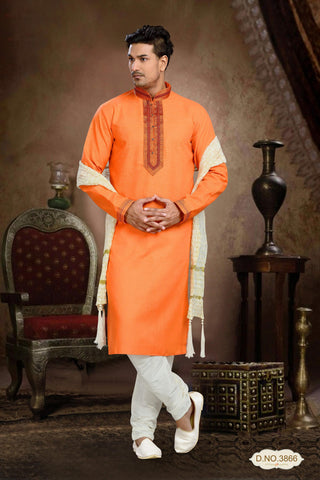 Orange Cotton Linen Kurta Pyjama With Pintuck Work