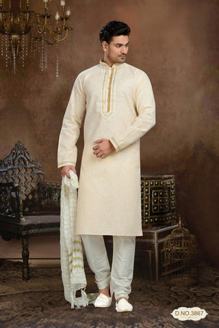 Peach Cotton Linen Kurta Pyjama With Pintuck Work