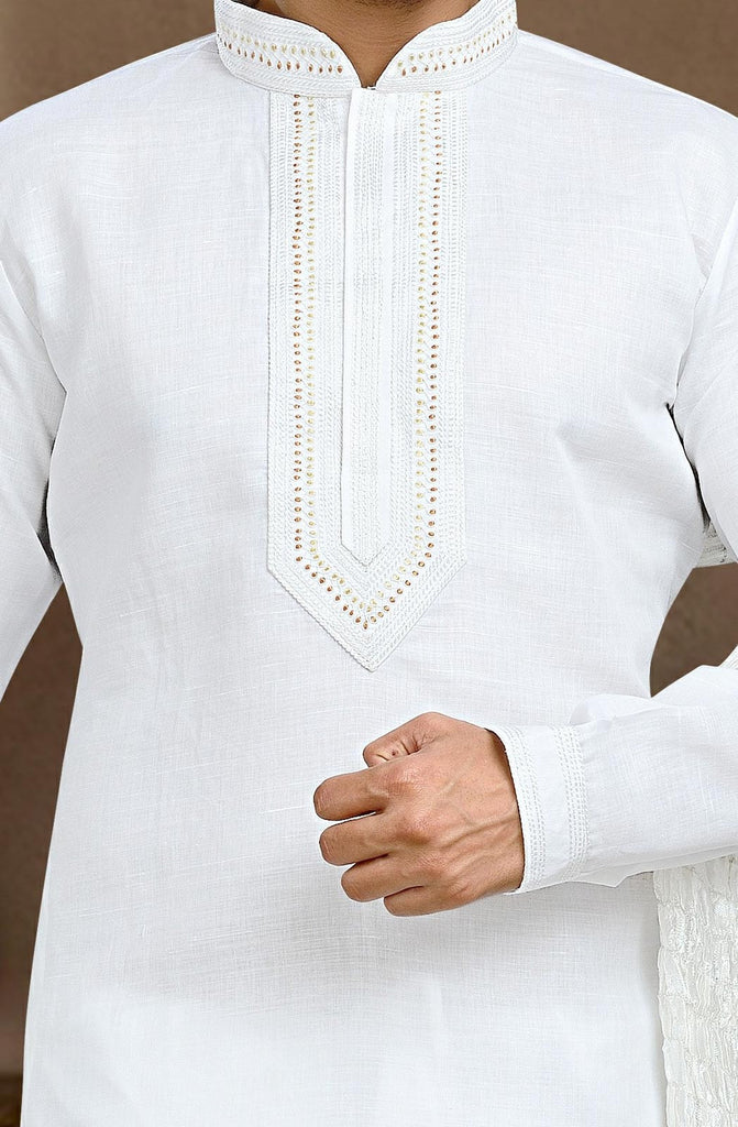 Off White Cotton Linen Kurta Pyjama With Patch Work