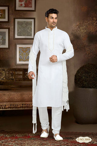 Off White Cotton Linen Kurta Pyjama With Patch Work