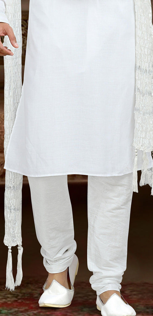 Off White Cotton Linen Kurta Pyjama With Patch Work