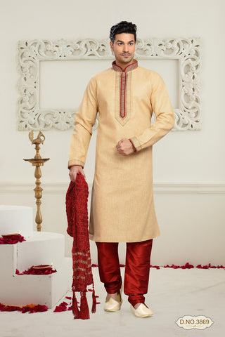 Gold Cotton Linen Kurta Pyjama With Pintuck Work