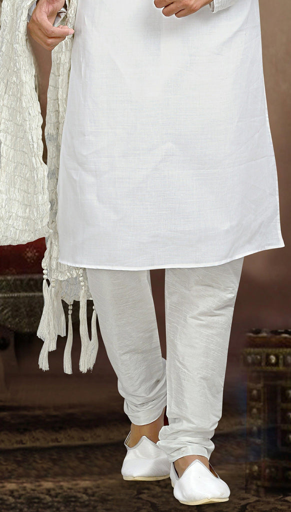 Off White Cotton Linen Kurta Pyjama With Pintuck Work