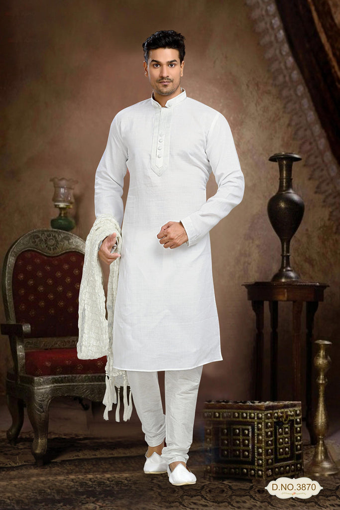 Off White Cotton Linen Kurta Pyjama With Pintuck Work