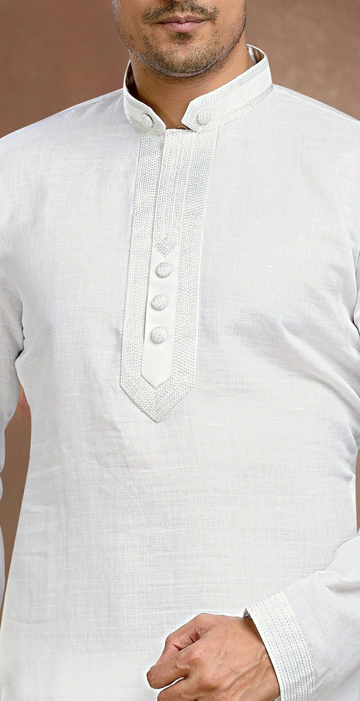 Off White Cotton Linen Kurta Pyjama With Pintuck Work