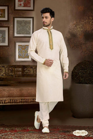 Gold Cotton Linen Kurta Pyjama Patch And Pintuck Work