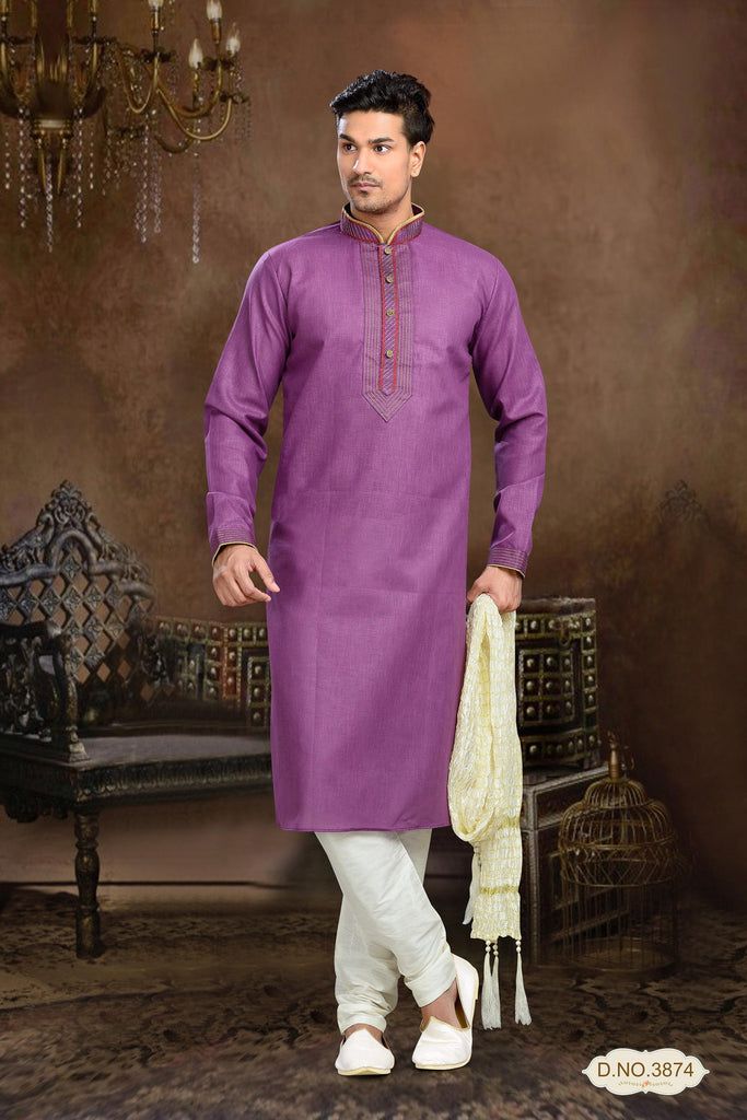 Purple Cotton Linen Kurta Pyjama With Patck Work