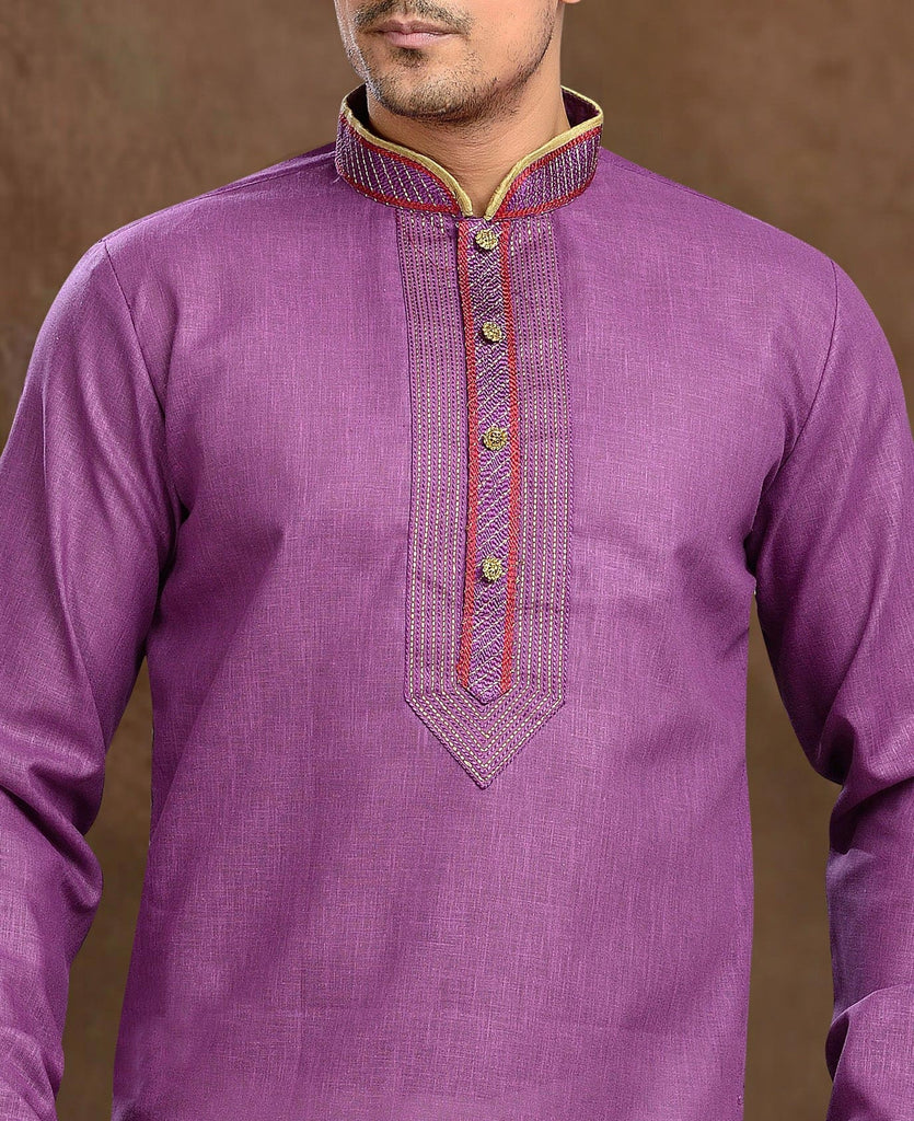 Purple Cotton Linen Kurta Pyjama With Patck Work