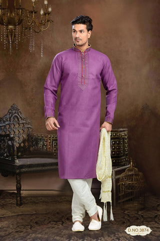 Purple Cotton Linen Kurta Pyjama With Patck Work