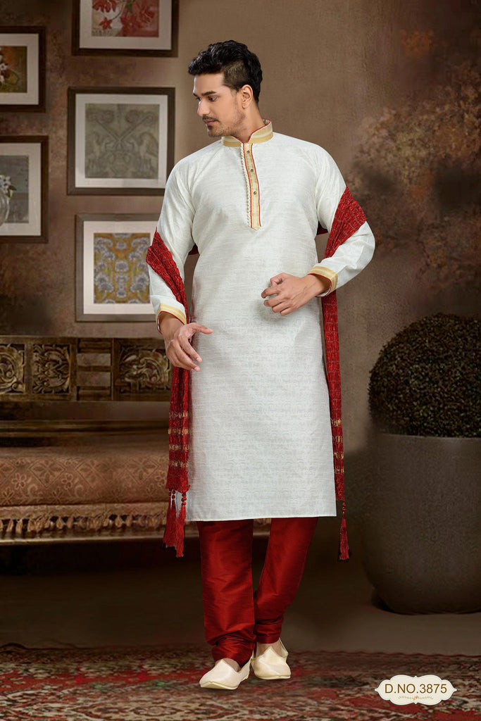 Cream Jaqard Art Silk Kurta Pyjama With Pintuck Work