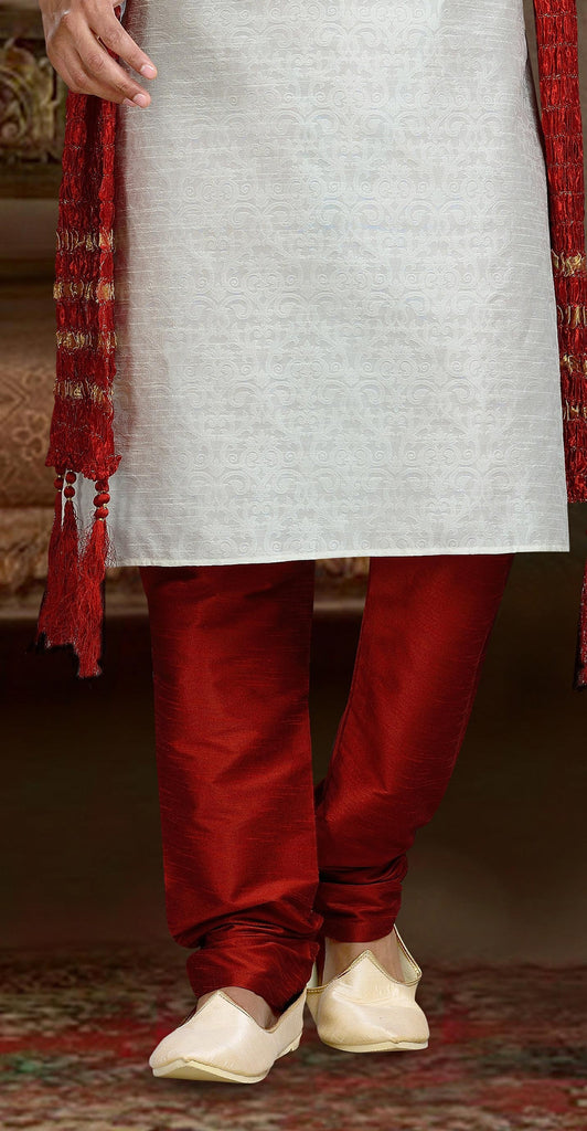 Cream Jaqard Art Silk Kurta Pyjama With Pintuck Work