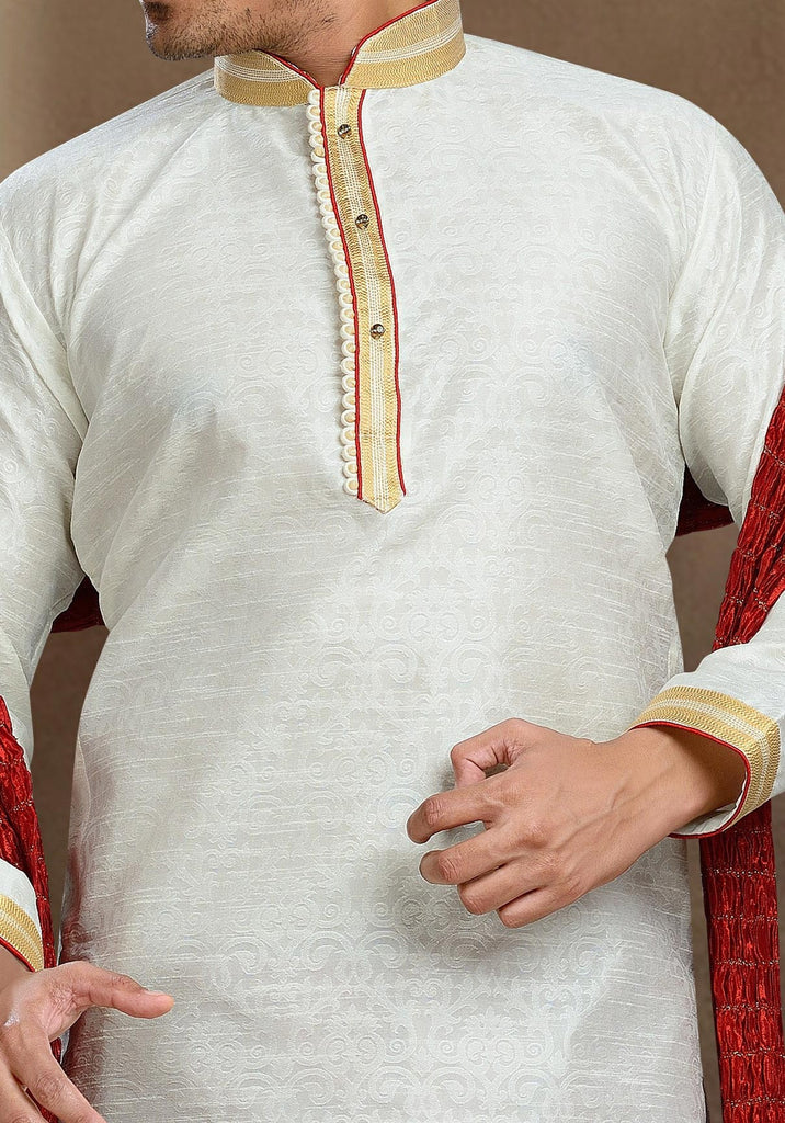 Cream Jaqard Art Silk Kurta Pyjama With Pintuck Work