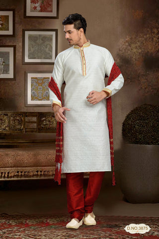 Cream Jaqard Art Silk Kurta Pyjama With Pintuck Work