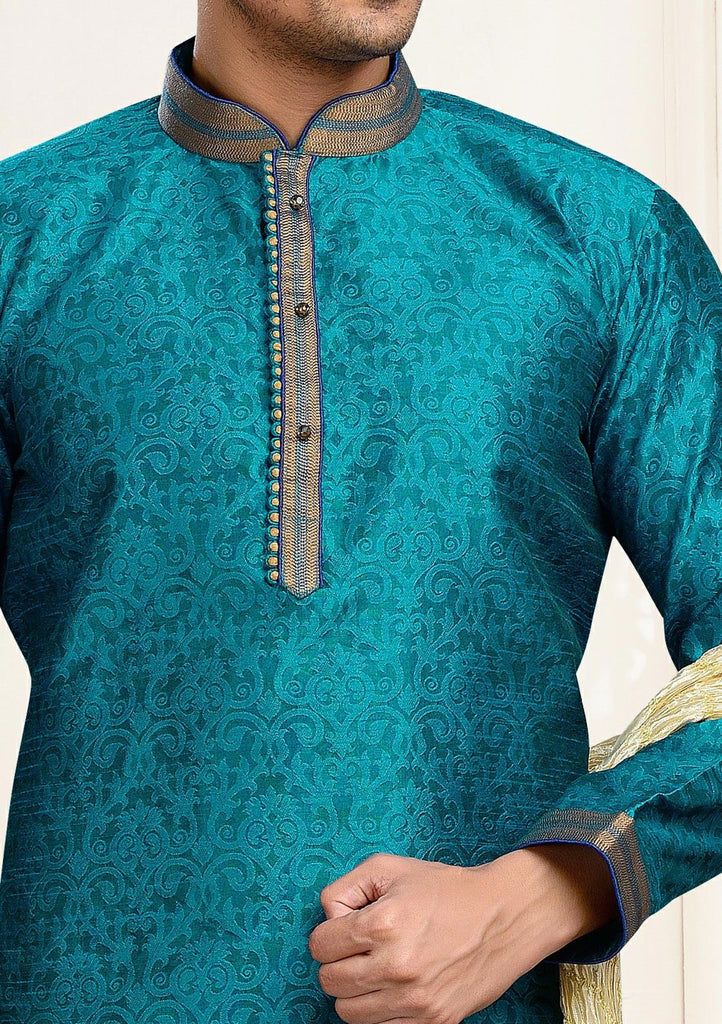 Firozi Blue Jaqard Art Silk Kurta Pyjama With Patch Work