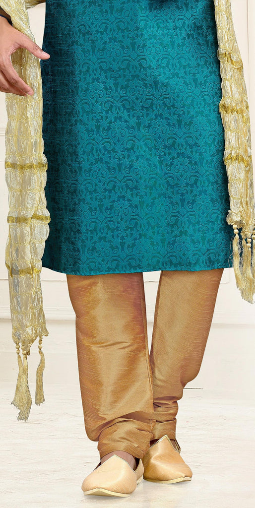 Firozi Blue Jaqard Art Silk Kurta Pyjama With Patch Work