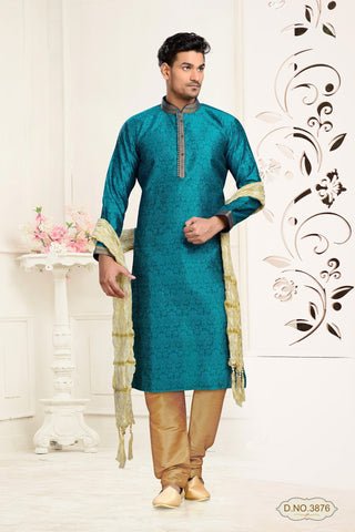 Firozi Blue Jaqard Art Silk Kurta Pyjama With Patch Work