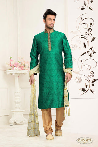 Green Jacquard Art Silk Kurta Pyjama With Pintuck Work