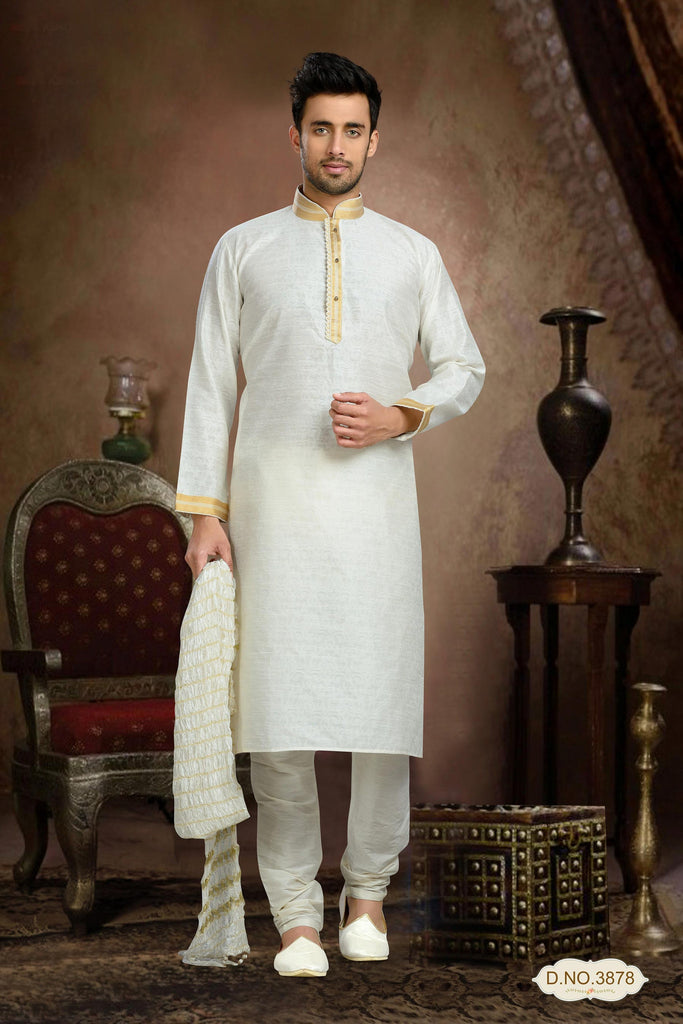 Cream Jacquard Art Silk Kurta Pyjama Patch and Pintuck Work