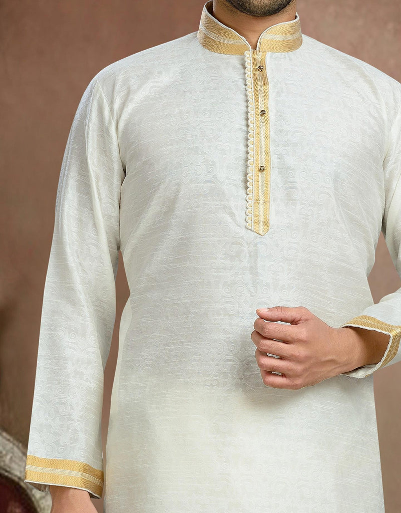 Cream Jacquard Art Silk Kurta Pyjama Patch and Pintuck Work