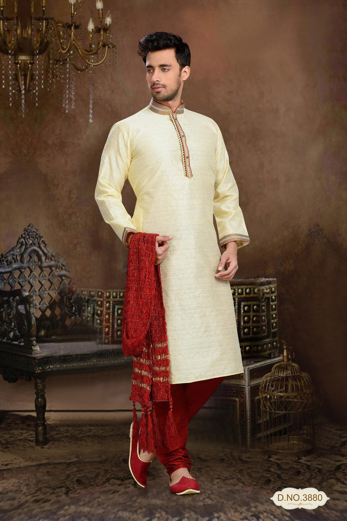 Gold Jacquard Art Silk Kurta Pyjama With Patch Work
