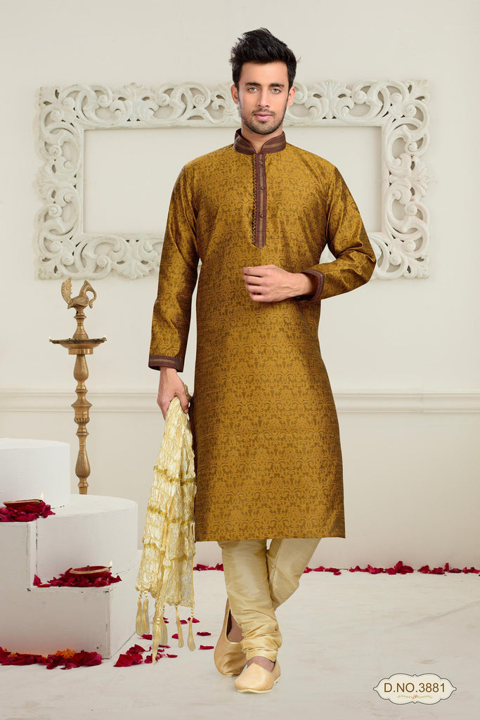 Dark Gold Jacquard Art Silk Kurta Pyjama Patch and Pintuck Work