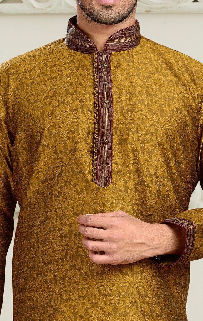 Dark Gold Jacquard Art Silk Kurta Pyjama Patch and Pintuck Work
