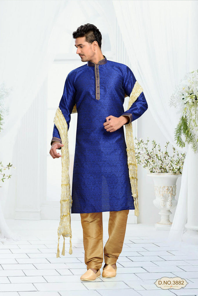 Blue Jacquard Art Silk Kurta Pyjama With Pintuck Work