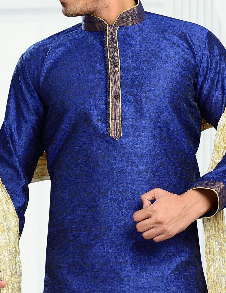 Blue Jacquard Art Silk Kurta Pyjama With Pintuck Work