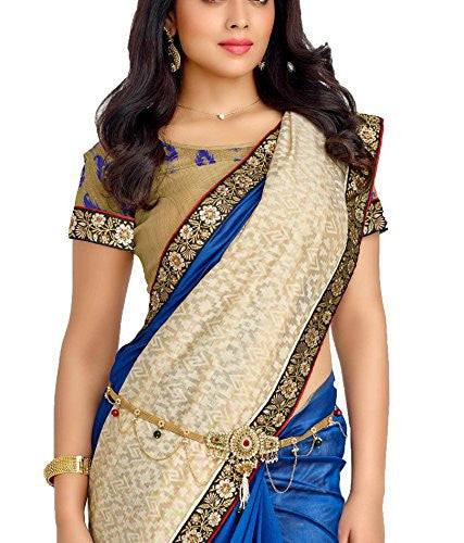 Vastreeni Majestic Hues and Drape this extraordinary designer wedding wear saptrangi saree blue and beige color