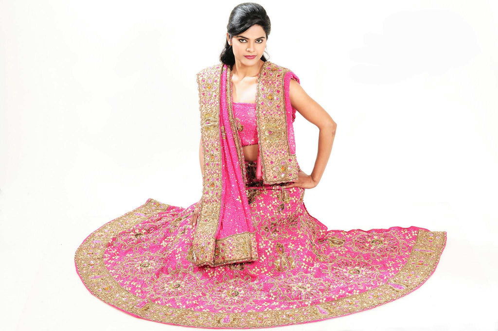 Purple Traditonal Wedding Lehenga with velvet patch