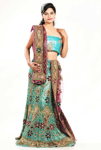 Green Diamond Work Fish Cut Lehenga For Wedding Wear