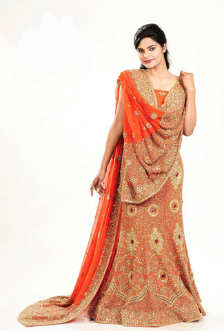 Orange Designer Fish Cut Lehenga With Dupatta