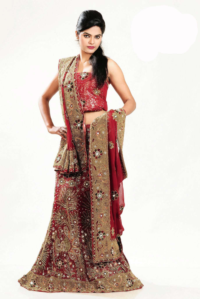 Dark Red Bridal Net Lehenga Choli with heavy attractive stone work